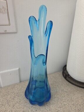 Vintage MCM 10” Blue Swung Glass Vase 5 Finger